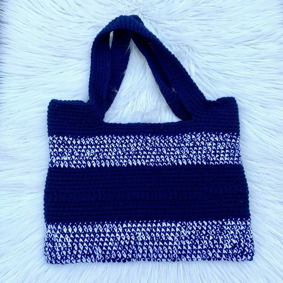 Crochet Blue & White Stripe Boho Tote Shoulder Bag - Picture 6 of 7